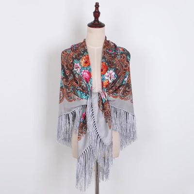 China Fashionable Multicolor Fringe Style Scarf Multicolor Ethnic Hot Russian Floral Square Cotton Printed Scarf for sale