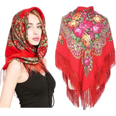 China Fashion Elements Dress Scarves Lady Printing Flowers Russian Style Polyester Cotton Square Scarf Tassel Printed 110cm for sale