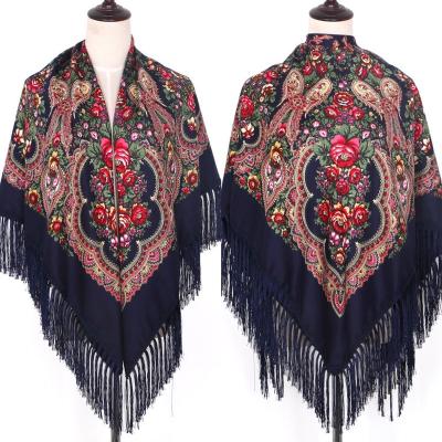 China Fashion Elements Fringe Long Wrap Russian Floral Pattern Shawl Print Warm Thick Women Squares Scarf for sale