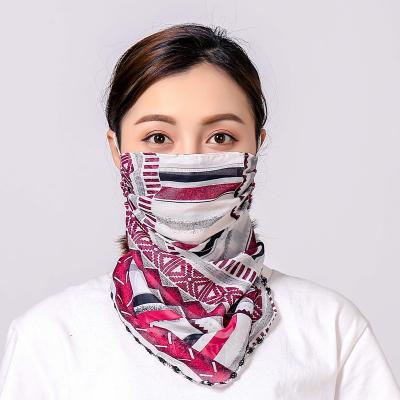 China Multifunctional Adjustable Ear Loop Chiffon Cover Floral Print Sunscreen Veil Neck Cuff Scarf Face Scarf for sale