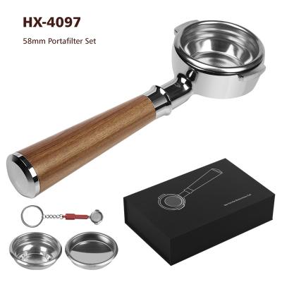 China E61 Stainless Steel 58mm Portafilter Coffee Redwood Coffee Wooden Handle Viable Bottomless Portafilter Chinese Manufacturers for sale