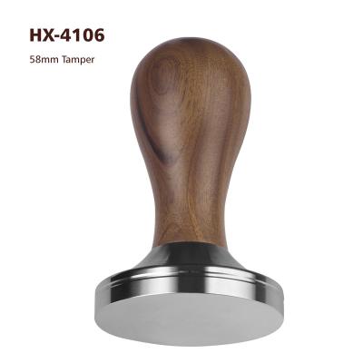 China Sustainable Customized Coffee Tools 58mm Real 304 Stainless Steel Coffee Hammer Redwood Handle Coffee Tamper HX-4106 for sale