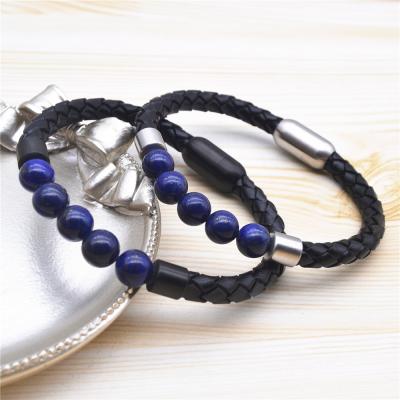 China FASHIONABLE wholesale factory drop shipping lapis lazuli stone men's nature cuff leather bracelet with buckle for sale