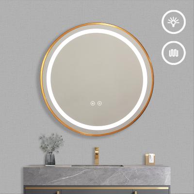 China Wholesale Large Bright Gold Round Framed Wall Fog Light Mirror Light Vanity LED Smart Bath Mirrors for sale