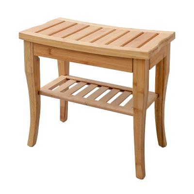 China Modern Bamboo Shower Bench Shower Caddy Foot Rest With Storage Shelf For Shampoo Towel for sale