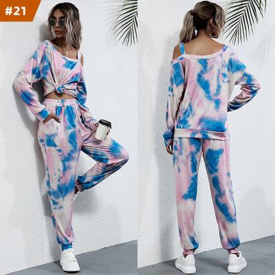 China 2022 newcomer tie dye tie women QUICK DRY casual clothing two piece pants set 2 piece set women off shoulder workout set women for sale