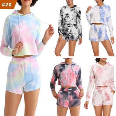 China 2022 New Arrival QUICK DRY Tie Dye 2 Piece Set Womens Hoodies Joggers Sleeve Crop Top Long 2 Piece Set Women Shorts Two Piece Set for sale