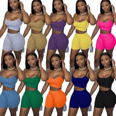 China New Candy S-XL 2021 QUICK DRY Spaghetti Color Twine Shirt And Two Piece Biker Summer Women Ladies 2 Short Pants Set for sale