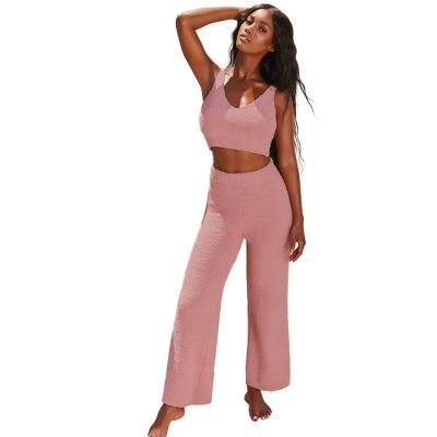 China 2 Piece Fleece V Neck Women Dress Set Two Piece Lounge Wear Sets Breathable Sexy Winter Top Women Crop Wear Pants Set For Woman for sale