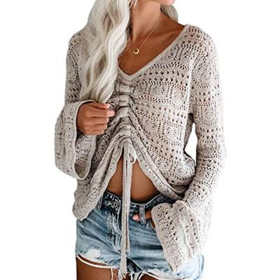 China QUICK DRY Women's Boho Off Shoulder Sheer Crop Full Sleeve Flowy Bell Sleeve Oversized Crochet Ruched Pullover Designer Sweaters 2021 Falls Sweater for sale