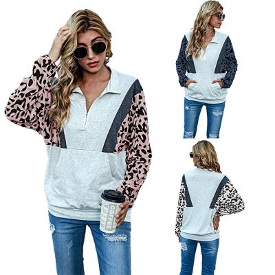 China 2021 Autumn New Fashion Half Zipper Wholesale Anti-wrinkle Print Quilting Women Stand Collar Leopard Wear Casual Pullover Sweater for sale