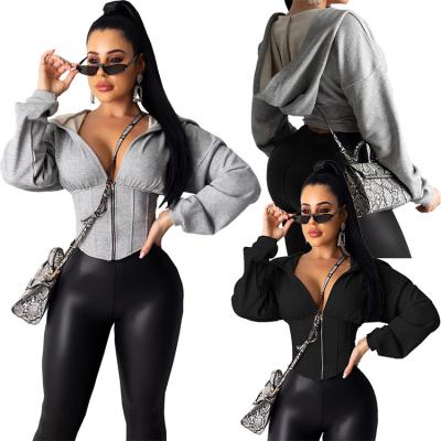 China Wholesale Custom Cropped Anti-Wrinkle Solid Slim Asymmetric Full Body Corset Zipper Sweatshirt Hoodie Ladies Women for sale