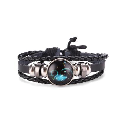 China Environmentally Friendly Jewelry 12 Zodiac Lovers Gift Bracelet Starry Night Light Glass Beaded Punk Leather Bracelet for sale