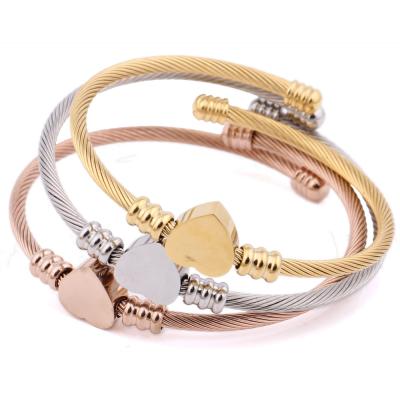 China Hiphop Stainless Steel Jewelry Three Colors Heart Shape Charm Bangle Bracelet For Women for sale