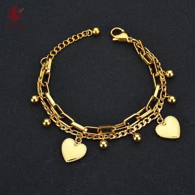 China 2021 BOHEMIA 18k Gold Plating Stainless Steel Chain Link Heart Bracelet Around Bead Ball Heart Charm Bracelet for sale