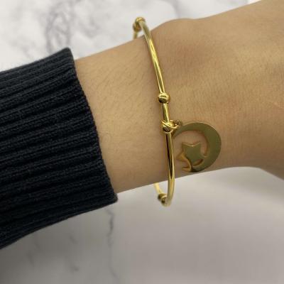 China FASHIONABLE Free Size Crescent Moon Dangle Ball Cuff Bracelet Grooved Stainless Steel Half Moon Star Charm Bracelet for sale