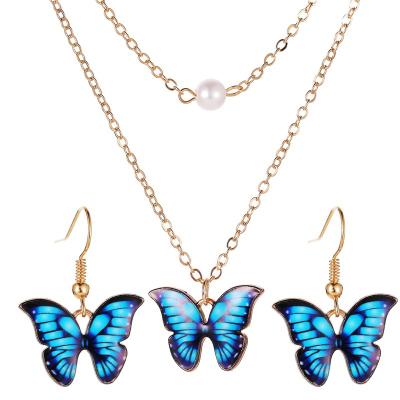 China INS CLASSIC Women Blue Butterfly Jewelry Set Multi Color Butterfly Necklace Earrings Set for sale