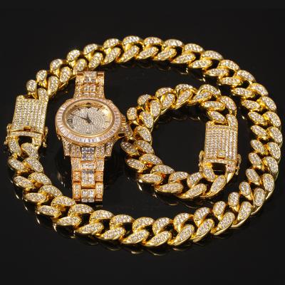 China Hiphop Cuban Chain Necklace Bracelet Watch Jewelry Set Iced Out Hip Hop Jewelry For Men for sale