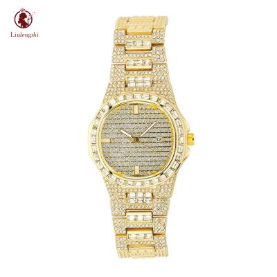 China Full Rhinestone Hombre Date Bling Hip Hop Automatic Winding Crystal Quartz Wrist Watch Self Shape Luxury Clock Watches for sale