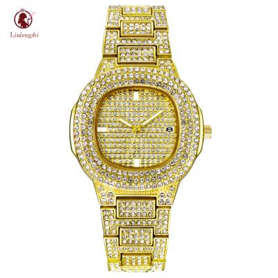 China Automatic Date Hips Hop Iced Out Diamond Crystal Nugget Cuban Watch Big Full Face Square Rhinestone Oblong Wristwatches for sale