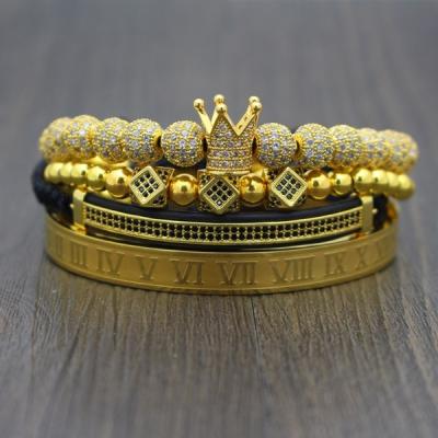 China Hiphop Jewelry 4Pcs/Set Luxury Handmade Zircon Crown Bracelet 8mm CZ Balls Charm Roman Numerals Bracelet for sale