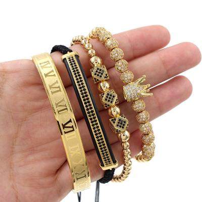 China Hiphop Luxury 4Pcs/Set Men's Gold Crown Bracelet Set Stainless Steel Numbers Engraved Bracelet CZ Crown Macrame Braided Bracelet for sale