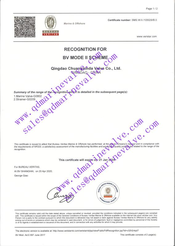 BV CLASS CERTIFICATE - QingDao CXD Marine Valve Co., Ltd.