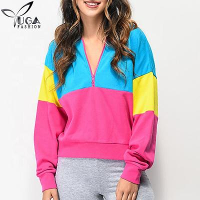 China Breathable Cheap Women Color Block Half Zipper Hooded Sweatshirt Workout Fitness Custom Hoodie for sale