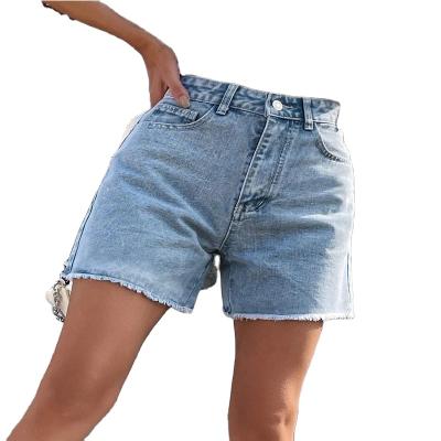 China Fashion Breathable Distressed Fringed High Rise Cropped Jeans For Women Factory Custom Ripped Skinny High Waist Denim Shorts for sale