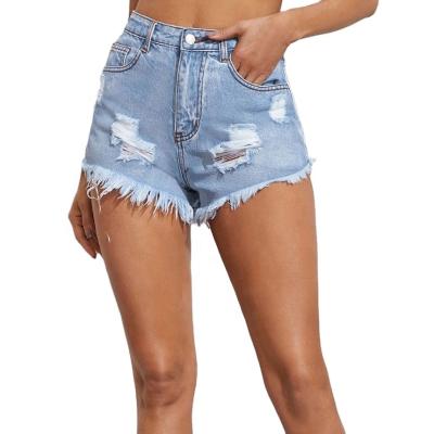 China Others New Fashion High Waist Sky Blue Raw Edge Ripped Jeans Denim Shorts Women for sale