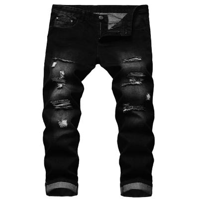 China Customized Breathable Self Crop Hole Zipper Dark Nostalgic Straight Leg Thickened Stretch Jeans For Men Stylish for sale