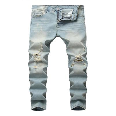 China Breathable Custom Logo Casual High Quality Self Crop Ripped Hole Distressed Straight Leg Stretch Denim Jens Panties for sale