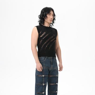 China Custom Made Men's Anti-Pilling Fashionable Slim Fit Hollowed Out Sweater Knitwear Vest Sexy Man for sale