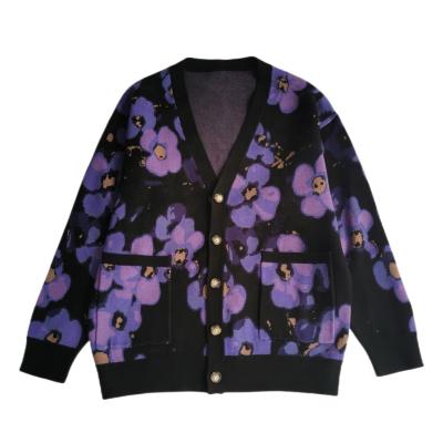 China Anti-Wrinkle Oversized Cardigan Korean Men's Unisex Sweater Coat Knitted Floral Purple Cardigan Sweater for sale