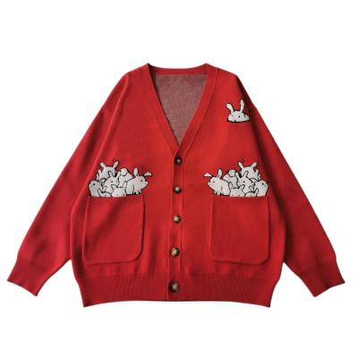 China Custom Anti-wrinkle Logo Embroider White Red Cable Knit Cardigan Knit Unisex Cardigan Sweater for sale