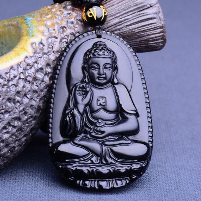 China FASHIONABLE Top Selling Fengshui Natural Obsidian Carved Patronus Eight Zodiac Buddha Bodhisattva Patron God Saint Pendant Necklace for sale