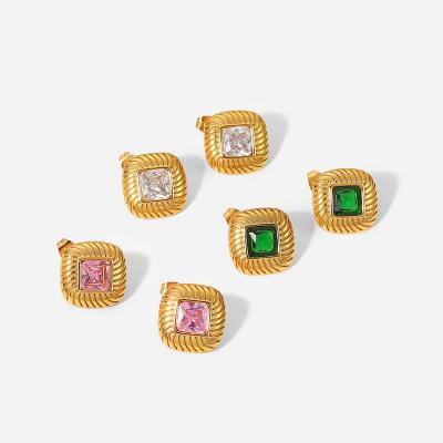 China TRENDY Vintage 18K Gold Plated Square Color Zircon Stud Earrings Waterproof Stainless Steel Women's Stud Earrings Customized for sale