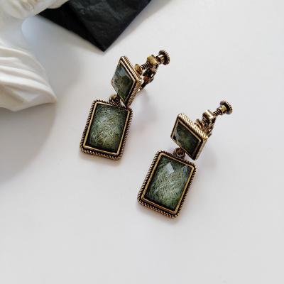 China Retro Hong Kong style earrings S925 needle green short earrings female personality FASHIONABLE silver simple square earrings for sale