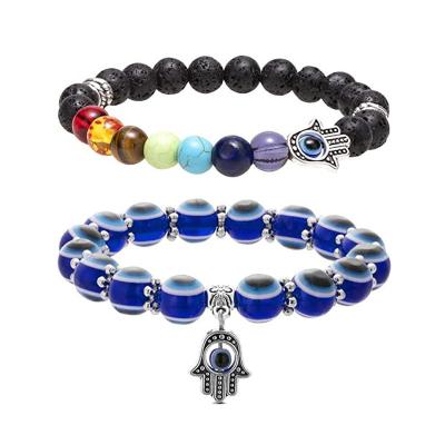 China Handmade Lava Stone Hamsa Hand Blue Eye Jewelry BOHEMIA Gemstone Bracelet 2Pcs /Set 7 Chakras Evil Stretch Beaded Bracelet Charm for sale