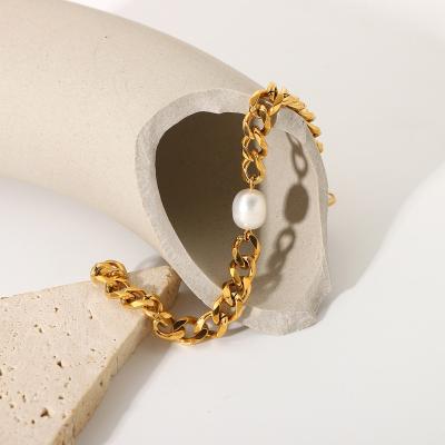 China TRENDY PVD 18k Gold Plated Real Natural Pearl Bracelet Stainless Steel Bangle Wholesale for sale