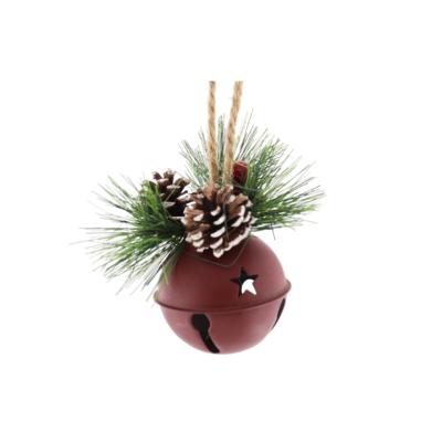 China Festival Stuff New Design Gifts Decor Metal Christmas Round Bell Ornaments With Pine Cone Pine Needle For Christmas Tree Decoration for sale