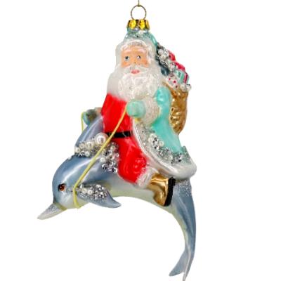 China Hot Christmas Ornament Glass Christamas Tree Decoration Factory Sale Santa Rides A Dolphin For Christmas Decoration for sale