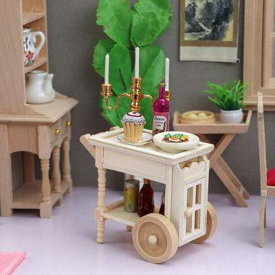 China Miniature Cartoon Toy Simulation Wooden Breakfast Cart Restaurant Trolley For 1/2 Scale Dollhouse Decoration for sale