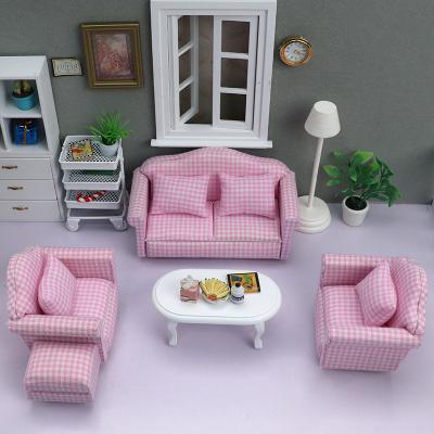 China Miniature Cartoon Toy Wooden Dollhouse Chair Sofa Living Room Set Furniture For 1/12scale Dollhouse Wooden Sofa for sale