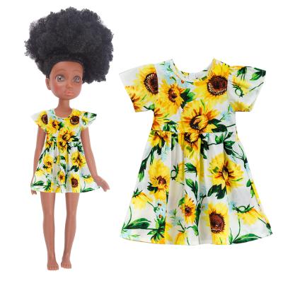 China Toy Matching Child And Doll Cartoon Sunflower Dress For 14 Inch Doll African Black Girl Doll For Kids 14.5 Inch Black Girl Doll for sale