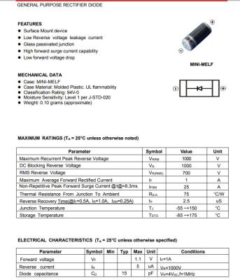 China diodo de uso geral Sod80 4007 1n4007 LM4007 de Schottky do poder de 1A 1.1V à venda