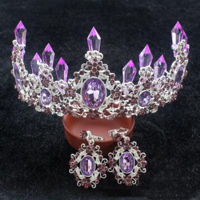 China Baroque Purple Crystal Wedding Set of Retro Hair Handmade Crystal Bridal Crown Tiara Crown Earrings and Tiara for sale