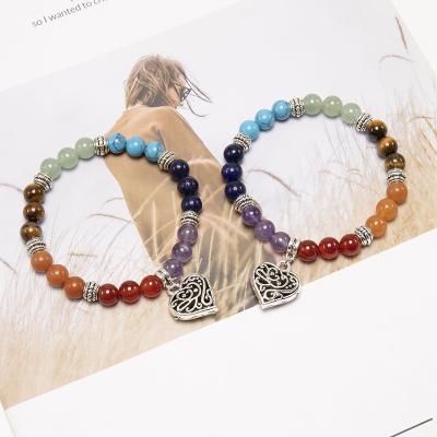 China Hot Selling Punk Amazon Seven Chakra Beaded Natural Stone Crystal Bracelet Peach Heart Bracelet Bangle for sale