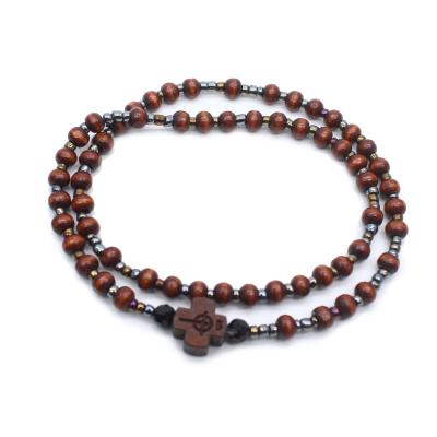 China Hiphop Bead Mini Wooden Catholic Cross Bracelets Necklace Prayer Beads Christianity Rosary 59 for sale