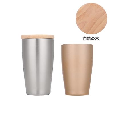 China Premium Quality Wine Tumbler Stainless Steel Reusable Mug Uninverted Beer Mug With Wooden Lid 350ml for sale